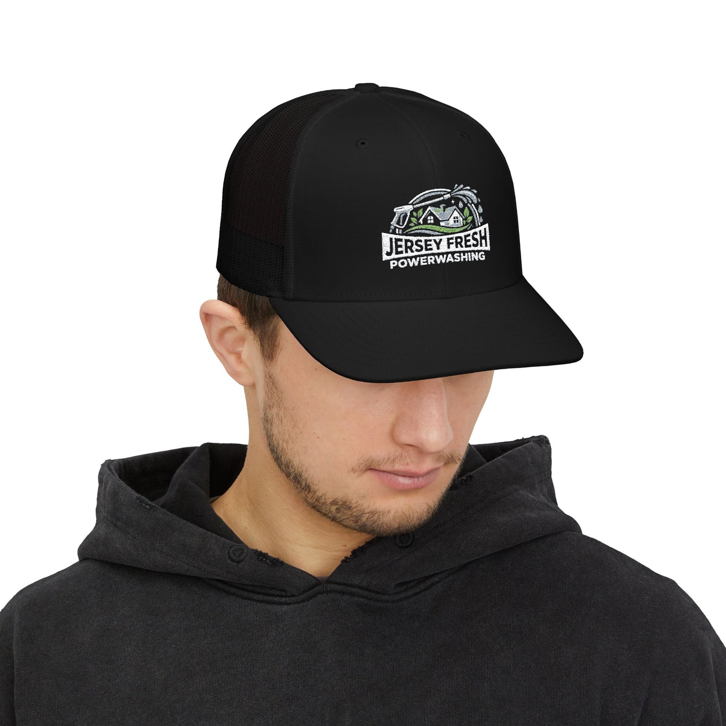 Embroidered Trucker Hat — "Jersey Fresh Powerwashing" Logo Snapback