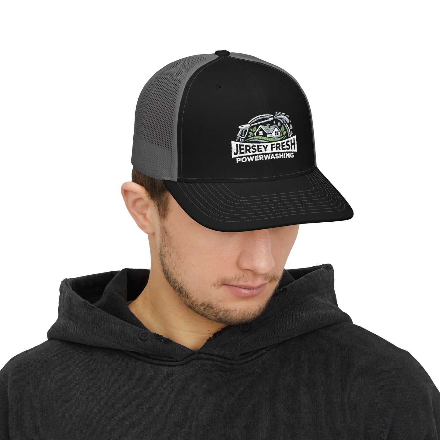 Embroidered Trucker Hat — "Jersey Fresh Powerwashing" Logo Snapback
