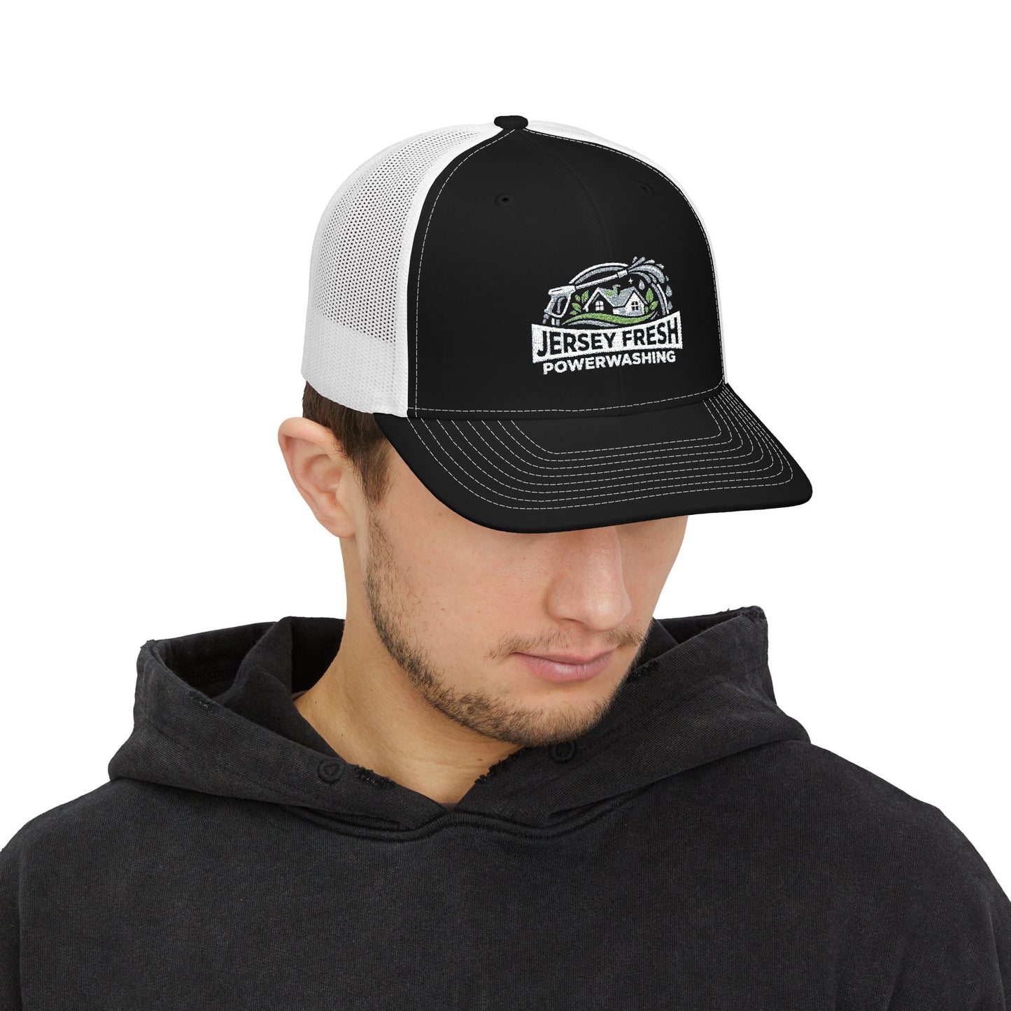 Embroidered Trucker Hat — "Jersey Fresh Powerwashing" Logo Snapback
